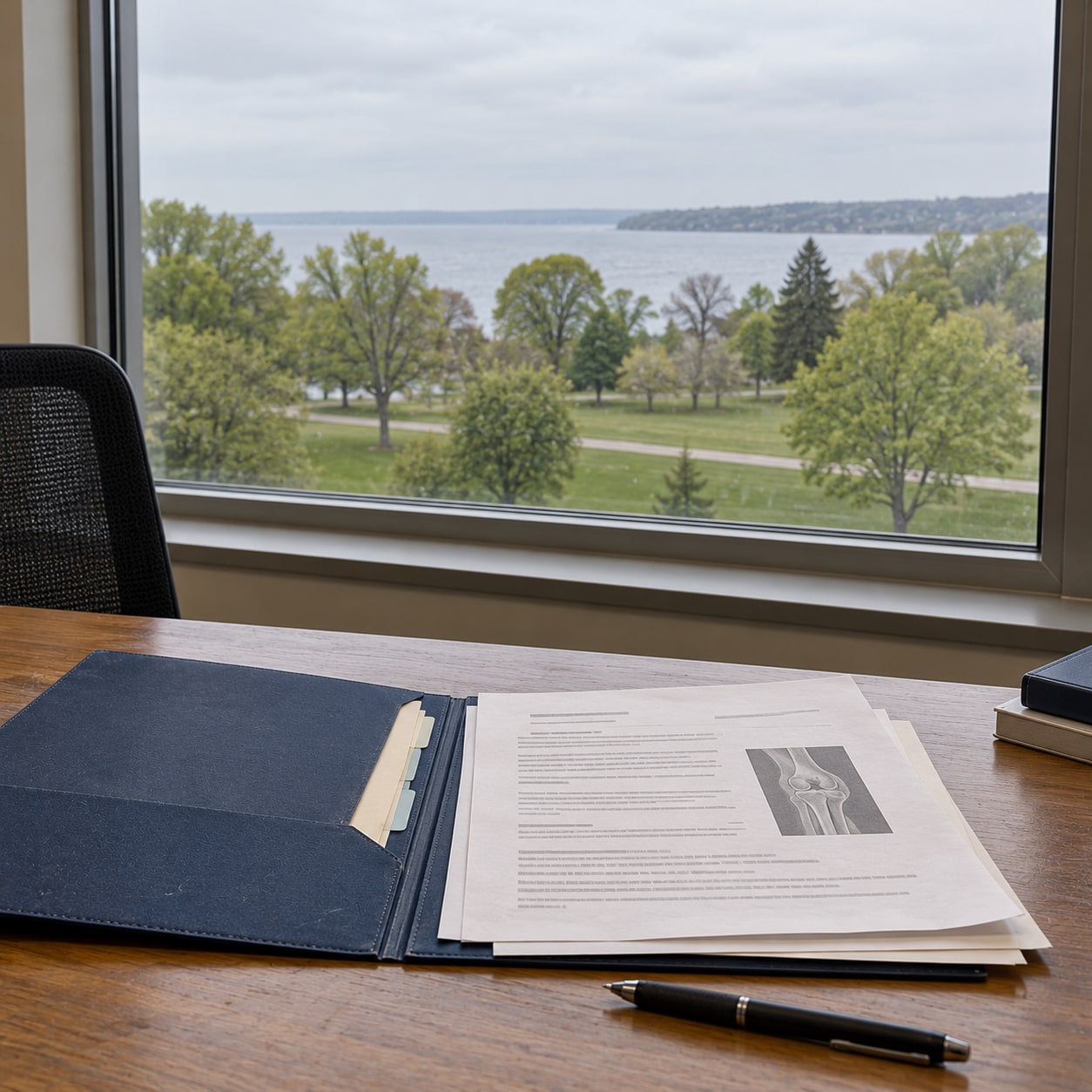 Illustrative medical-record review desk with a distant lake beyond parkland.
